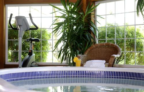 Inn on Long Lake في نانايمو: حوض استحمام ساخن في غرفة بها نباتات ونوافذ