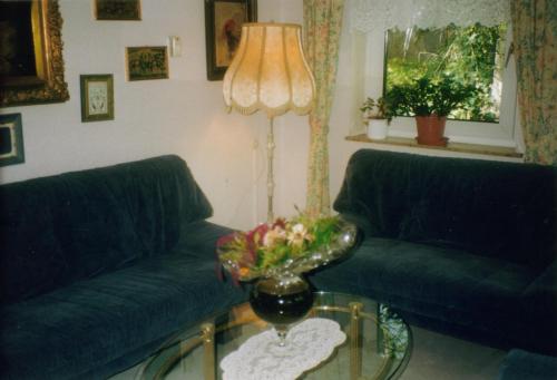 un soggiorno con 2 divani verdi e un tavolo in vetro di Ferienhaus Koch a Saarbrücken