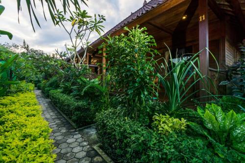a garden next to a house with green plants at Laguna Reef Huts in Nusa Lembongan