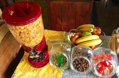 a red blender sitting on a table with bowls of food at Hotel La Cautiva de Ramirez in La Paz