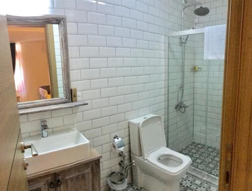a bathroom with a toilet and a sink and a shower at Ayshe Hotel in Foça