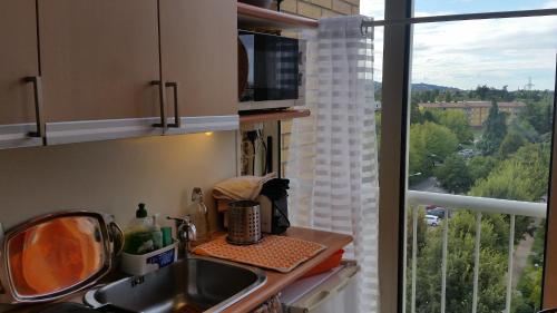 cocina con fregadero y ventana con vistas en Acero Rosso B&B apartment, en San Lazzaro di Savena
