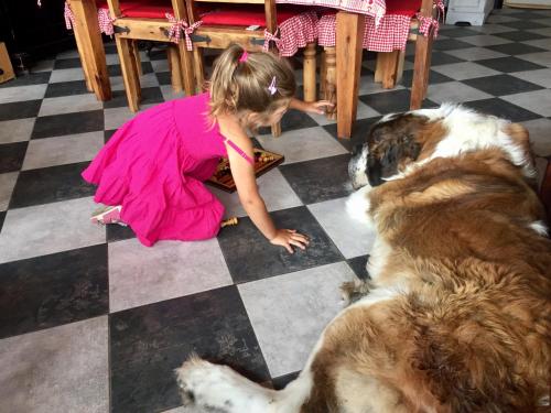 a little girl sitting on the floor next to a dog at Brvnare Mrkic in Kremna