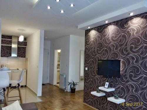 salon z telewizorem na ścianie w obiekcie Apartment Frida w Belgradzie
