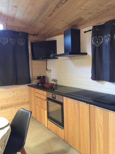 a kitchen with wooden cabinets and a stove top oven at Le petit Saint Bernard in Sainte-Foy-Tarentaise