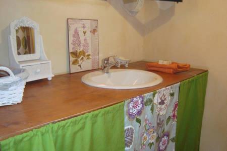 un bagno con lavandino con una tenda verde intorno di House in Organic Orgon farm a Apóstoloi