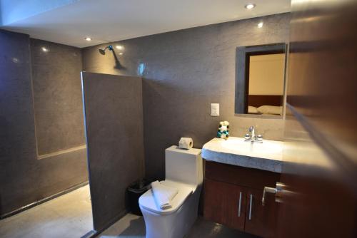 a bathroom with a toilet and a sink and a mirror at Hotel Rio Lagartos in Río Lagartos