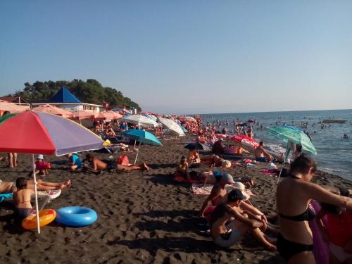 a crowd of people on a beach with umbrellas at Apartment Zhemchuzhina Ureki in Ureki