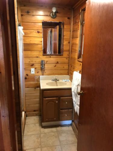a bathroom with a sink in a log cabin at Gwin's Lodge & Roadhouse in Cooper Landing