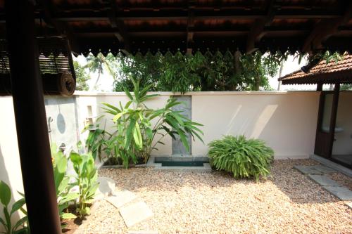 a garden with plants on a white wall at Vismaya by Moksha Stays in Turavūr