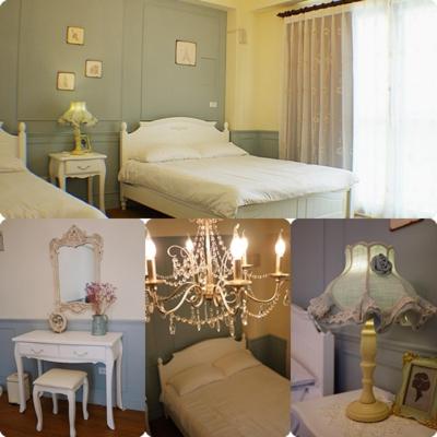 a collage of four pictures of a bedroom at Yo Muma Homestay in T'ien-wei
