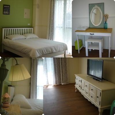 two pictures of a bedroom with a bed and a mirror at Yo Muma Homestay in T'ien-wei