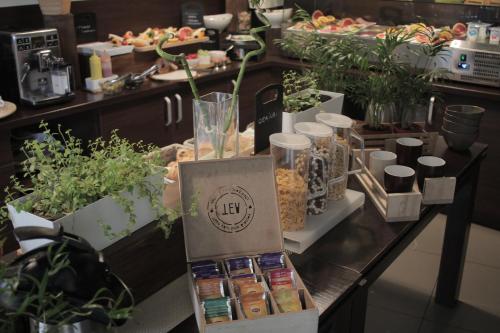 a counter with potted plants on it in a store at Hotel Galaxy in Timişoara