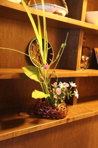 a plant in a vase sitting on a shelf at Gallery Nozawa Inn in Kyoto