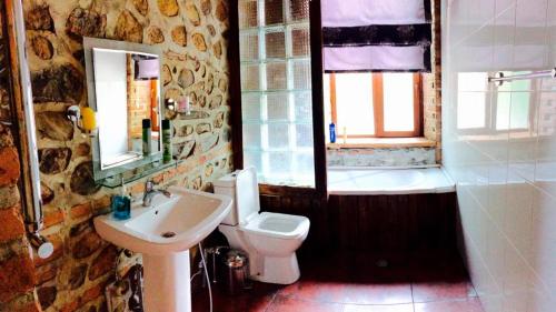ein Badezimmer mit Waschbecken und Toilette und einem Fenster in der Unterkunft Ansera Residence Sheki in Şəki