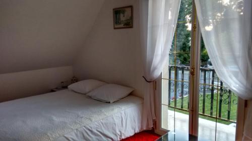 a bedroom with a bed and a large window at Les chambres du lac in Forges-les-Eaux