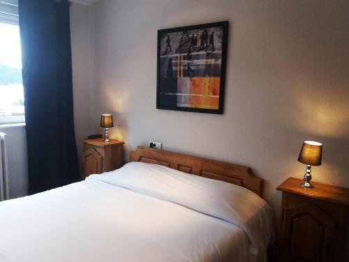 a bedroom with a white bed and two night stands with lamps at Hôtel De La Paix in Gérardmer