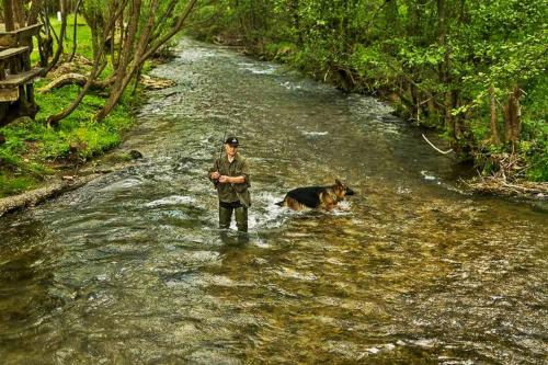 a man and a dog walking in a stream at Seoski turizam Ziličina Rogatica in Rogatica