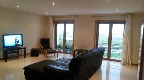 a living room with a leather couch and a television at Apartamento do Atlantico in Gala
