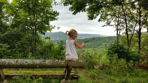 a little girl sitting on a bench looking at the mountains at Luisenhof in Geisfeld