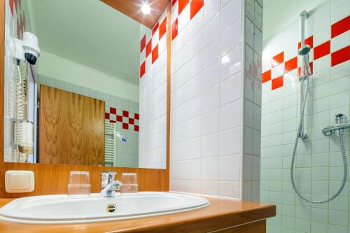 a bathroom with a sink and a shower at Kim Hotel Im Park in Dresden