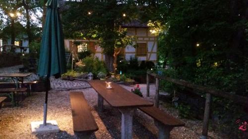 a picnic table and an umbrella in a garden at Luisenhof in Geisfeld