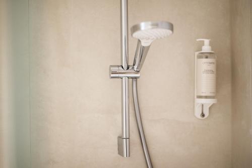 a shower head and a bottle of soap on a wall at Hôtel Du Dragon in Strasbourg
