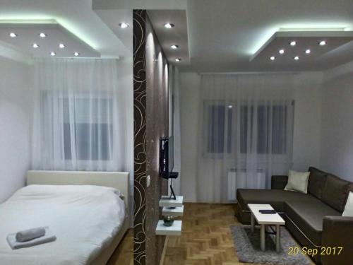 una camera da letto e un soggiorno con un letto e un divano di Apartment Frida a Belgrado