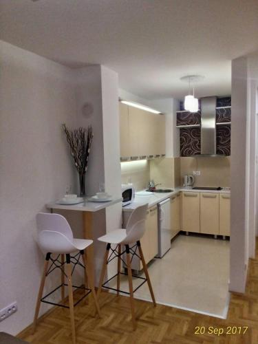 una cucina con un tavolo e sedie in una stanza di Apartment Frida a Belgrado