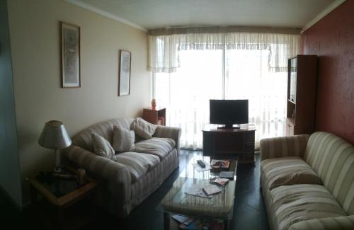 uma sala de estar com dois sofás e uma televisão em Depto Santiago San Miguel Metro Lo Vial em Santiago