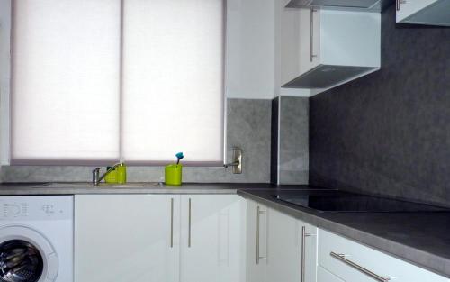 Appartement Perpignan Centre Place Catalogne في بيربينيا: مطبخ مع مغسلة وغسالة ملابس