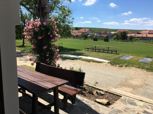 a wooden picnic table with a bush of pink flowers at Sklipek U Tomáša in Hovorany