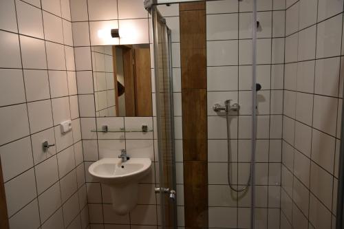 a bathroom with a sink and a shower at Penzion U Hujňáků in Rohatec