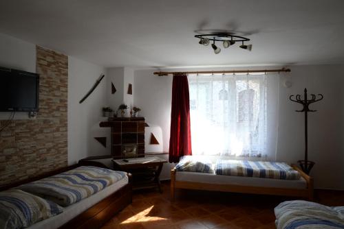 a living room with two beds and a window at Ubytování u rybníka Bořetice in Bořetice