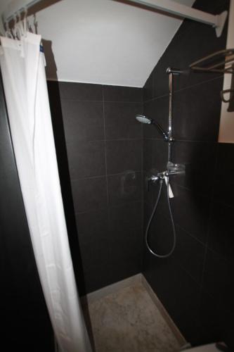 een badkamer met een douche en een douchegordijn bij Castello 20 in Montescudaio