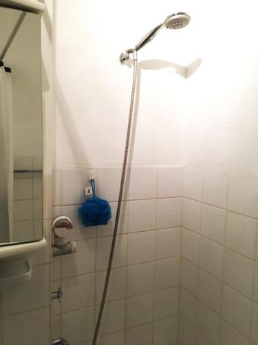 a shower with a shower head in a bathroom at Apartment Treetown in Regensburg
