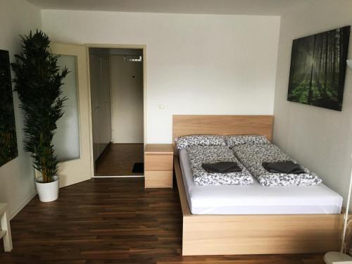 um quarto com uma cama e um vaso de plantas em Apartment Treetown em Regensburg