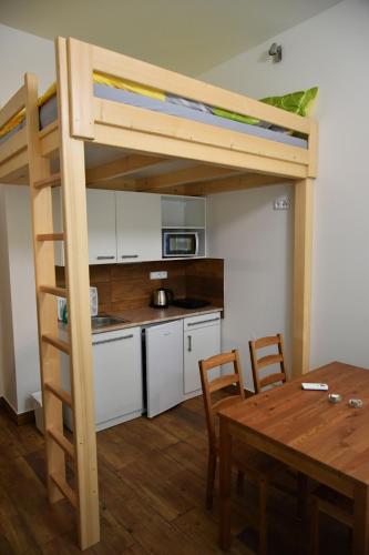 a loft bed in a kitchen with a table and chairs at Penzion U Hujňáků in Rohatec
