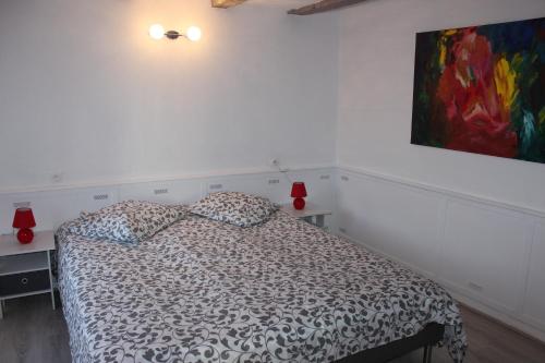 Dormitorio con cama con manta de leopardo en Un petit coin de paradis, en Champigny-sur-Veude