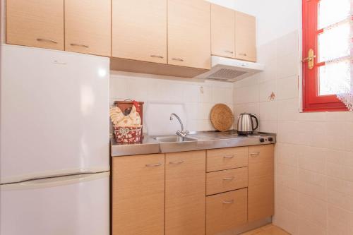 a kitchen with a white refrigerator and a sink at Ionio Sea Poros Studios in Mikros Gialos