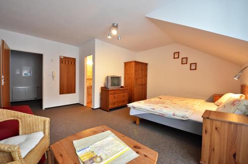 a bedroom with a bed and a tv and a table at Pension Karin in Špindlerův Mlýn