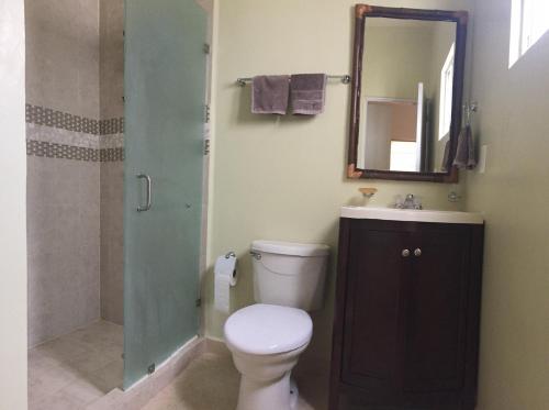 y baño con aseo, ducha y lavamanos. en Villa Estanyol 72, en Playa del Carmen