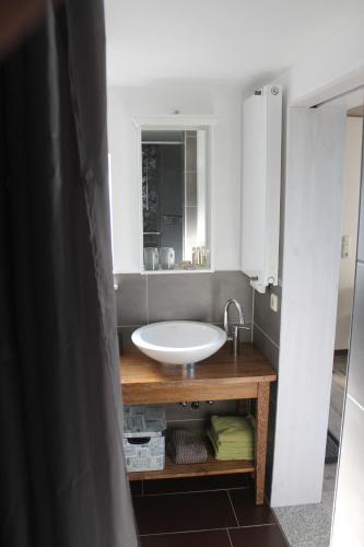 ein Badezimmer mit einem weißen Waschbecken und einem Spiegel in der Unterkunft Ferienhaus Kleine Hexe in Thale