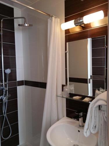 une salle de bain avec un rideau de douche et un lavabo dans l'établissement Hôtel Roi René, à Paris