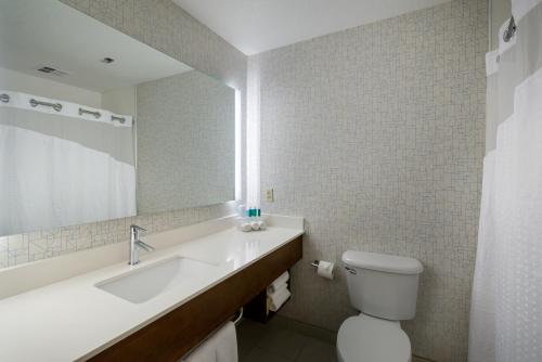 a bathroom with a sink and a toilet and a mirror at Holiday Inn Express Lawrence by IHG in Lawrence