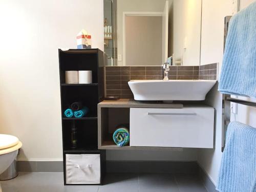 a bathroom with a white sink and a toilet at Titirangi Paradiso in Titirangi