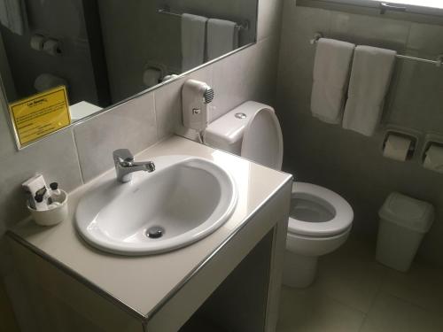 a bathroom with a sink and a toilet at Los Sauces Apart Hotel in La Paz