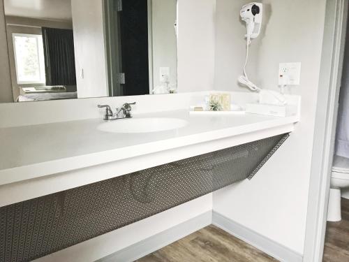 a bathroom with a white sink and a mirror at Airport Inn in Hailey