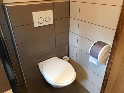 a bathroom with a toilet and a toilet paper dispenser at Apartments and Rooms Rea in Sveti Martin na Muri