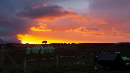 a sunset in a field with a group of toilets at Hólmavað Guesthouse in Aðaldalur